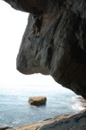 Funky climbing out of a cave on P1 of Translantic