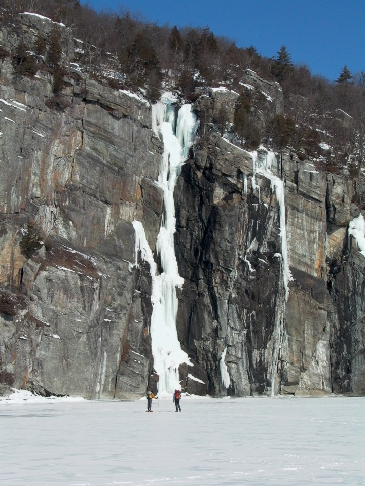 George and Joe scope out the route from Lake Champlain; the route is in especially fat conditions and is usually approached from the top via rappel