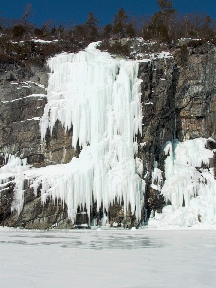 The leftmost route at The Palisades; the ice doesn't reach the bottom, thus the first ascent traversed in from the left; Will climbed a direct start on rock reaching the free-hanging pillars on the right side