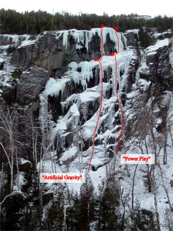 The Power Play wall with a few routes labeled