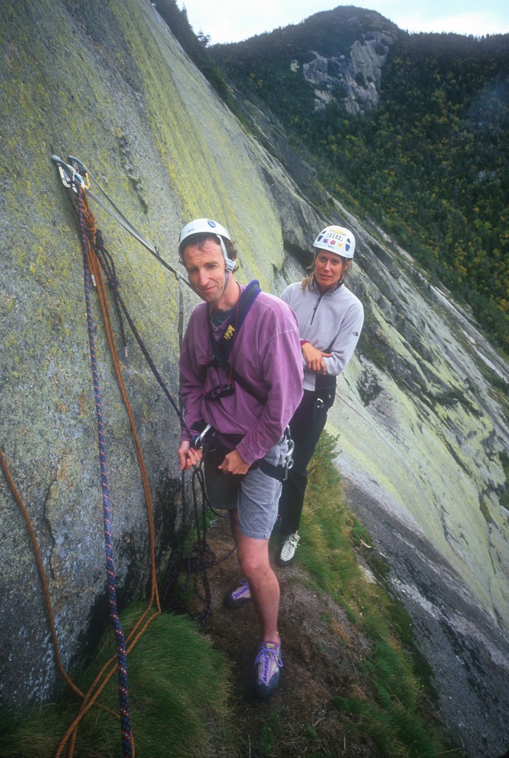 Simon and Lori at the belay on top of pitch 1; the lovely yellow lichen is characteristic of the south face