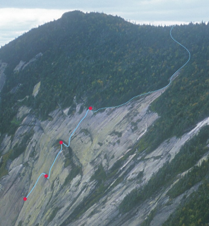 The south face of Gothics as seen from the summit of Pyramid with the 3-pitch 5.9 route described