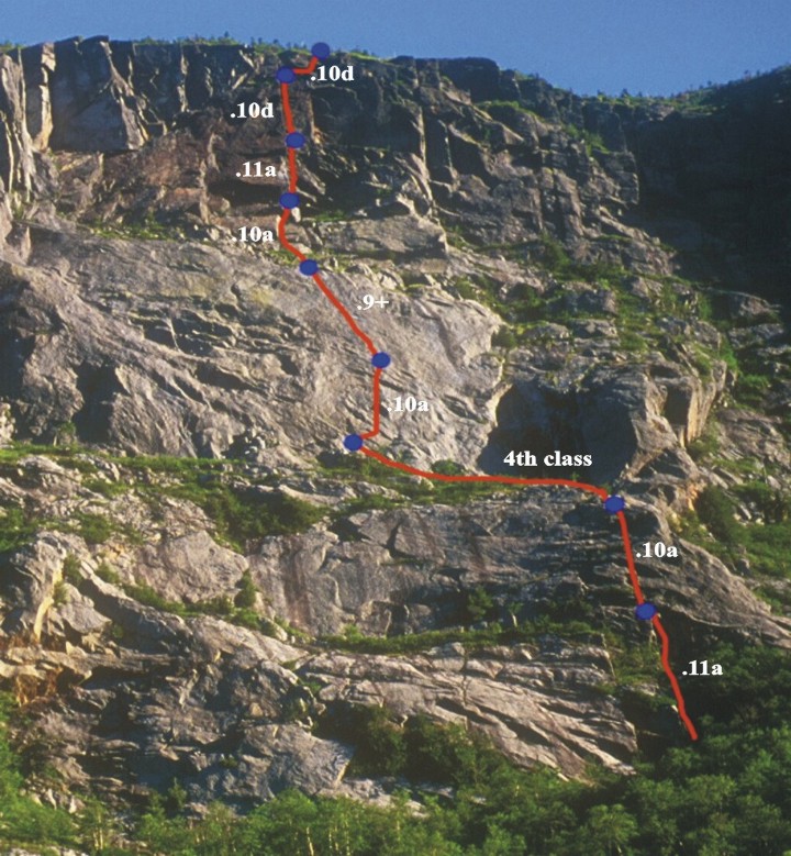 Close-up of the route Free Ride on Wallface