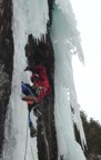 Tommy starts the crux pitch of Artificial Gravity; the pillar on the right side is Power Play