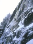 Bones climbs thin, poorly protected ice leading to a free-hanging ice column above