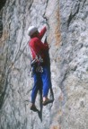 Don climbs the lower crux section of the route