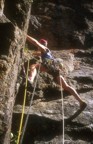 Moving into the first crux of the route on the first pitch; unfortunately, the business is right at the start of the route