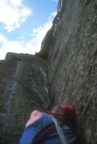 At the start of pitch 8, the "Endurance Corner"; the climbing here is very sustained, and the rock is a bit grainy