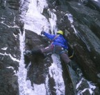 Joe on Gate Keeper, just left of the 2nd hitch-up-matilda; we bailed here due to delaminated ice