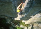 Setting pro high before climbing the crux; The Jackal overhangs gently for most of its length