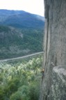 At the end of the traverse on the 2nd pitch (5.11a), finally able to place some better gear