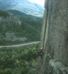 Climbing the fist-crack on the second pitch (5.11a)