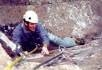 The final pitch of Morning Star climbs a steep face to a layback finish around a bulge