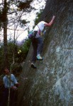 Jim on the first ascent of Lucky Stars (5.11R) at Good Luck Cliff