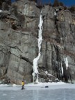 Jeremy scopes out the line from the lake; the first ascent of this route occurred earlier this same day