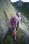 Simon and Lori at the belay on top of pitch 1; the lovely yellow lichen is characteristic of the south face