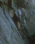 Bones climbs through the crux on the second pitch; this picture was taken just prior to falling