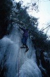 Simeon leading the first ascent of Too Early on the lower wall of Lock Ness