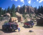 Parking in the boulder field in front of the crag