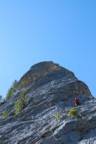 Tom leading P1, slightly off route. The "eye" after which the formation is named is visible above him.