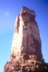 A view of the north face of Castleton Tower; the North Chimney climbs the depression on the sunny side of the tower