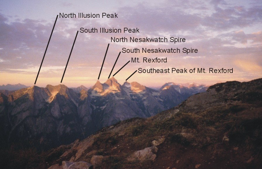 Rexford mountain range with labels, taken from the bivy on the Northeast Buttress of Mt. Slesse