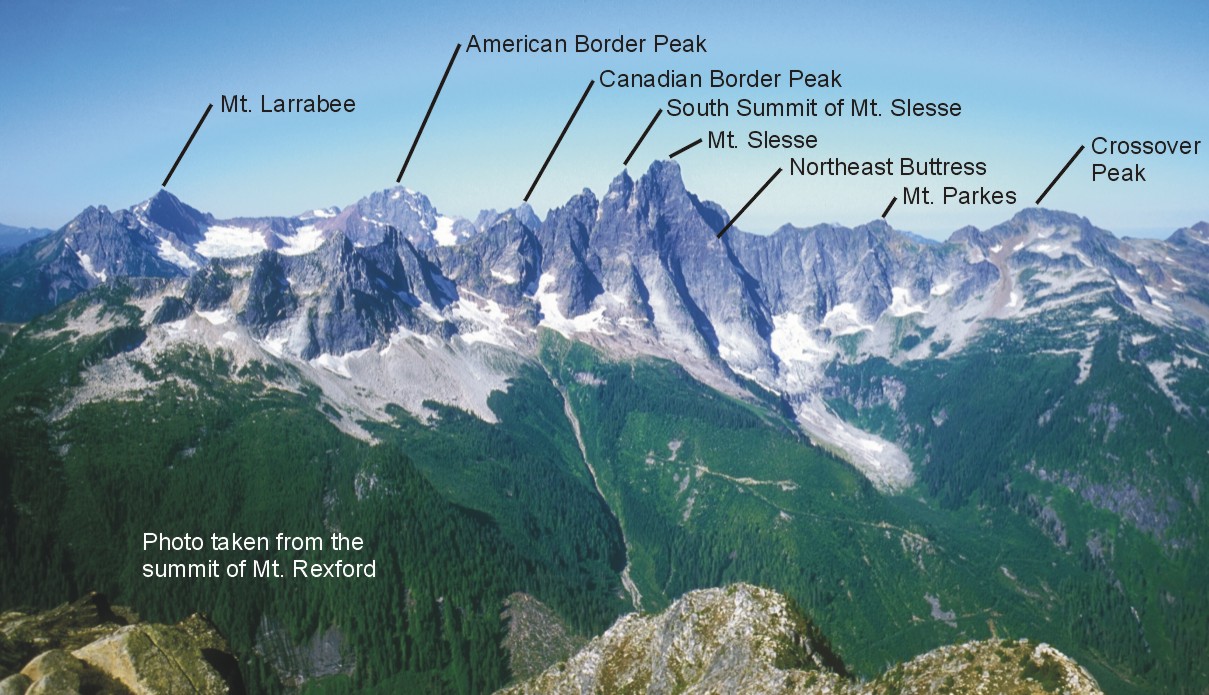 Slesse panorama with labels; taken from the summit of Mt. Rexford