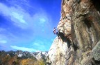 Chalking up at the initial bulge; this section is pretty easy because of the large holdsthe crux is moving through the hueco near the top of the route