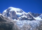 Ancohuma (6427m)  From Camp I. The climbing route we attempted ascends the ice fall to the rght of the picture onto the glacial plateau above.