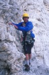 John scrambling near the Vajolet Towers