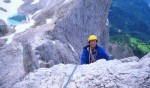 Close-up of John nearing the second belay on the South-West Arete of Delago Tower