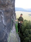 At the belay after a terrifying lead, the scariest of the trip