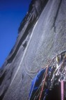 At the end of the traverse on the 4th pitch, a couple of really hard moves (5.11c) take Bones to overlap. This pitch is a variation to the original route that avoids the 5.11d A3 section.