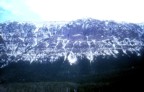 The main fork of Hyalite Canyon; Winter Dance is the spear of ice on the rock face centered in the photo