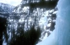 View from the second pitch of Cleopatra's Needle; you can see Joe on Twin Falls Left, belayed by Ellen in the trees below