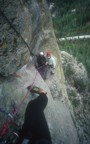 Tom and Mioara huddled at the second belay on The Mother Load