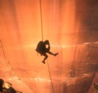 Jim's shadow on Sunflower Tower as he raps from Easter Island