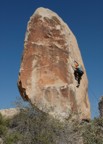 Making the crux moves on Boogers; the high bolt protects this section