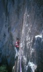 John traverses across to the first belay