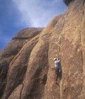 In the midst of the crux at Sheepbugger's Wall; the difficulty here is that the protection is at your feet while making the crux .11 movesbelow that is a ledge!