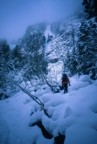 Approaching the ice climbs above Kandersteg. The free-standing pillar above him is Rattenpissoir.