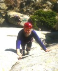 Pedro climbs the crack in the middle of the first pitch (6a)