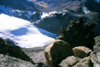 Looking down from the summit at the Austrian Hut and glacier traverse