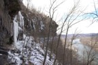 New route potential in the amphitheatre above Mixed Emotions; the route "Levitator" is the column of ice on the left