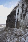 The routes "Pencil" and "Evil Twin" as seen from the top of Main Gully