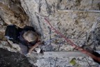 Rappelling to the climbs at Nelson Rocks