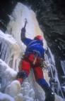 Tommy climbs the steep pillar at the top of Obsession; smart climbers (not us) belay at bolts on the left low on the route, then climb the route in one pitch instead of breaking the pitch at the place where this picture is taken