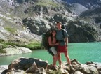 Lucie and Jim posed in front of Sky Pond; our bivy was just off the right edge of the photo on the far end of the pond