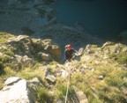 Nikos arriving at the first belay; the Petit Grepon gets sun very early in the morning, much earlier than Sky Pond