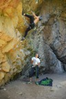 Steep climbing in a cavea good choice because it was raining